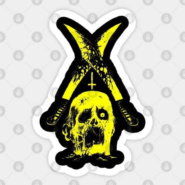 Severed head and two machetes (yellow version) Sticker by wildsidecomix